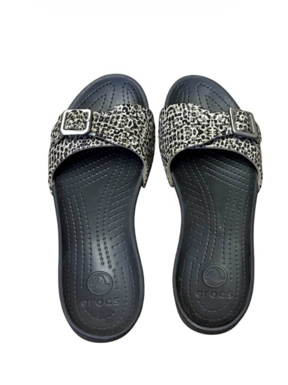 Crocs Sarah Leopard Print Slides Womens 10 Black Beige Buckle Sandals - Picture 6 of 10